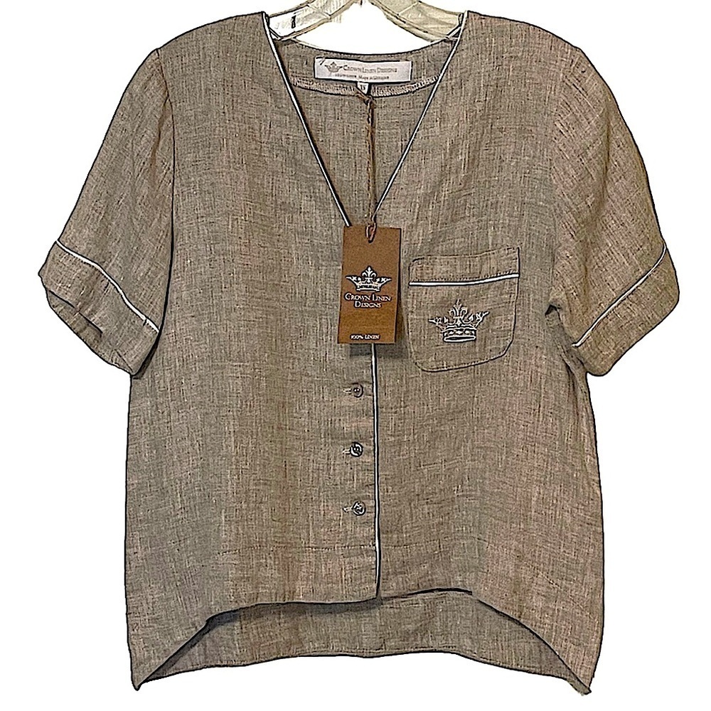 NWT Crown Linen Designs Beige Linen Button Front SS Pajama Style Blouse Top XS